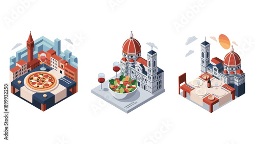 Isometric italian dining scenes featuring florence architecture and cuisine