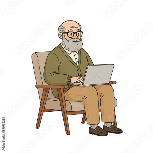 Elderly man with glasses and grey beard working on laptop, warm cardigan outfit, calm expression, mid-century chair