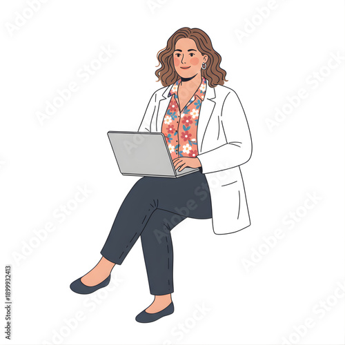 Plus-size woman seated with laptop on lap, floral shirt and jacket, confident pose, inclusive character design
