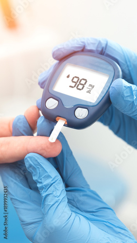 Hand using a glucose meter to measure blood sugar level.