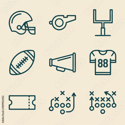 American Football Sport Icons Set - Helmet, Ball, Goal Post, Play, Ticket
