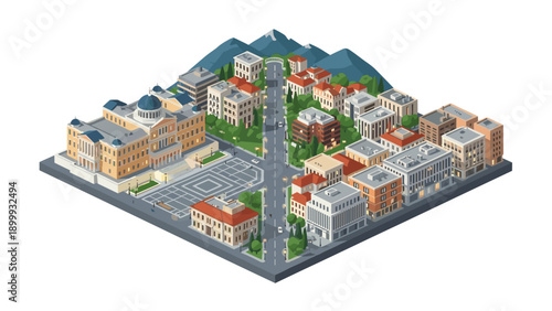 Isometric urban cityscape with buildings and streets