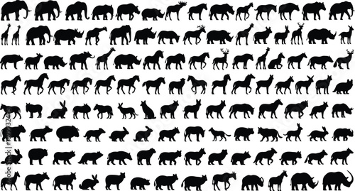 Large wildlife animal silhouette set with multiple species poses vector icons isolated on white background for designers and creative branding projects