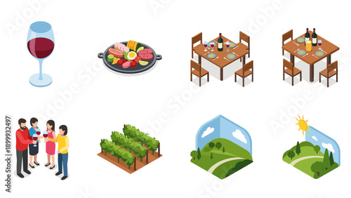 Isometric wine and dining experience with vineyard and landscape elements