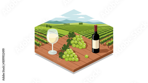 Isometric vineyard scene with wine bottle and glass on wooden tabletop