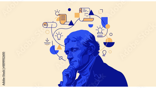 Thomas Jefferson Portrait Illustration with Abstract Ideas: Founding Father, Philosophy, Governance, and American History Concept