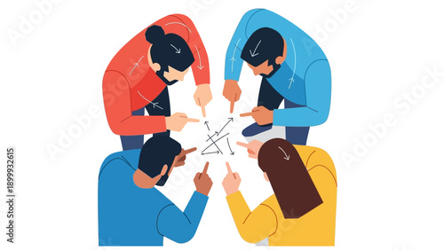 Team Analysis of Complex Problem: People Pointing at Conflicting Arrows, Symbolizing Confusion, Strategic Disagreement, and Decision Making Challenge