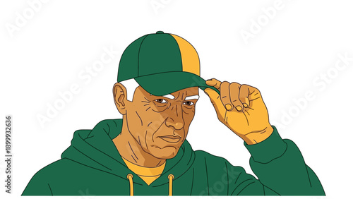 Elder Man Character in Green Hoodie and Cap Tipping Hat. Serious Look, Urban Style Graphic Illustration, Vector Art Portrait.