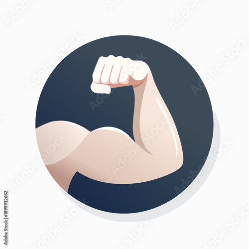 Illustration of a Flexed Bicep Muscle in a Dark Blue Circle with Subtle Highlights Showing Strength and Power Concept on a Plain Background