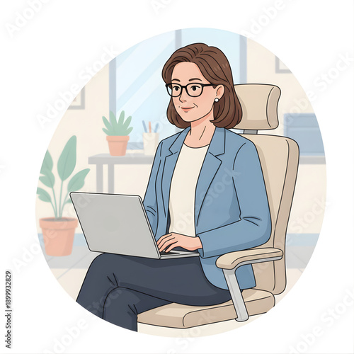 Middle-aged businesswoman checking emails on laptop, professional yet friendly style, soft color vector illustration