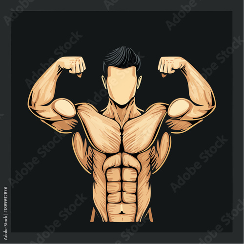 Pixel Art Muscular Man Flexing Biceps with Defined Abs and Detailed Torso in Warm Tones Against a Dark Background Showing Strength and Physique