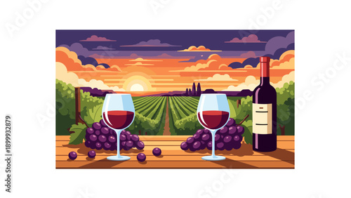 Sunset vineyard scene with wine glasses and grapes in colorful landscape