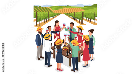Isometric group toasting in vineyard with wine glasses and scenic background