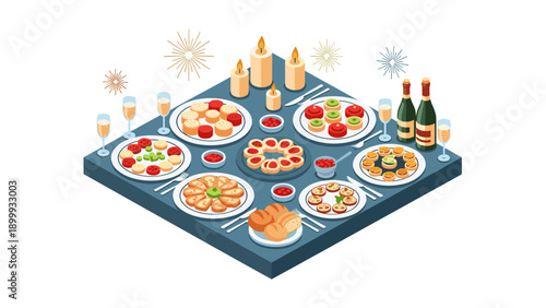 Festive dining table with appetizers and candles in isometric style