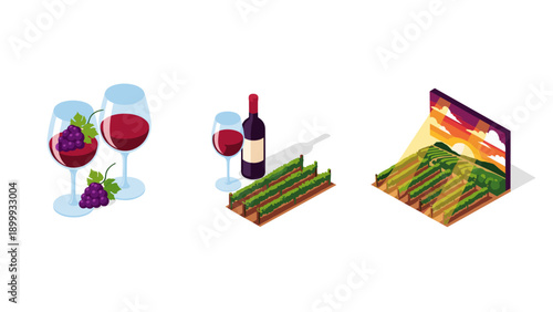 Isometric wine scene with vineyard and sunset elements