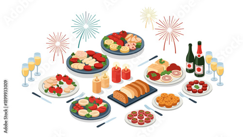 Festive holiday feast with fireworks and champagne celebration