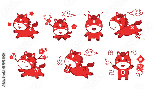 Adorable red cartoon horse celebrating with flowers, clouds, money, and firecrackers cute animal
