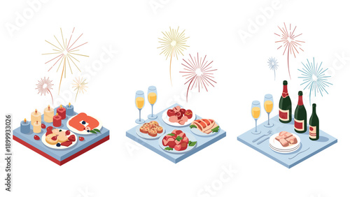 Elegant festive feast with champagnes and fireworks in isometric design
