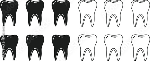 Minimal dental tooth icons set in black and outline style, medical dentistry symbols collection isolated on white background