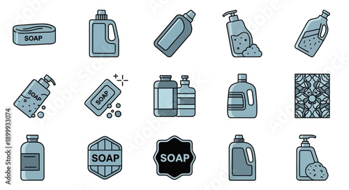 Collection of Soap and Hygiene Product Icons.