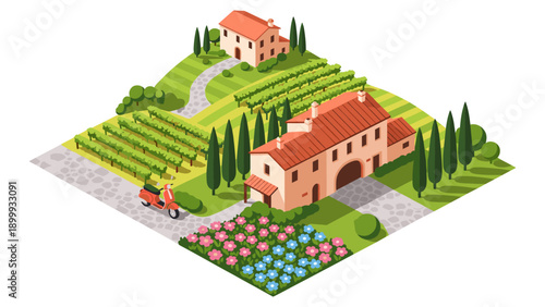 Isometric italian countryside landscape with vineyards and traditional houses