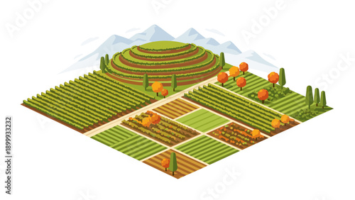 Isometric agricultural landscape with terraced fields and mountains in autumn