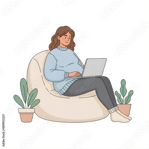 Pregnant woman seated comfortably working on laptop, inclusive modern illustration
