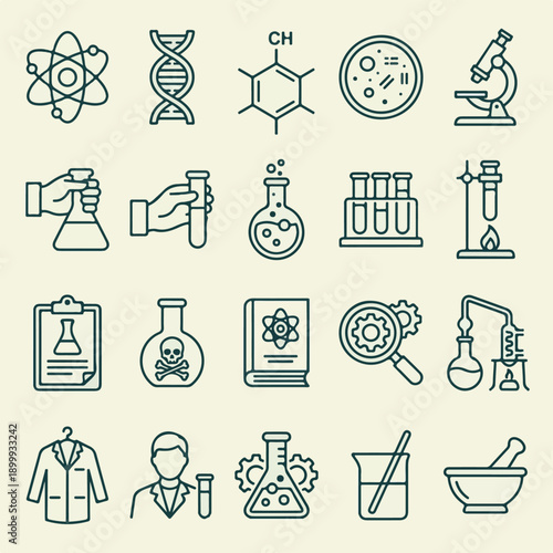 Science and Chemistry Laboratory Equipment Outline Icons Set