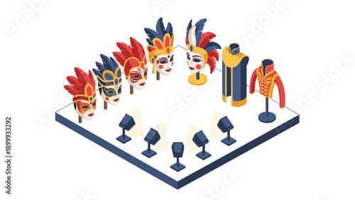 Colorful carnival theater masks and costumes on display in isometric style