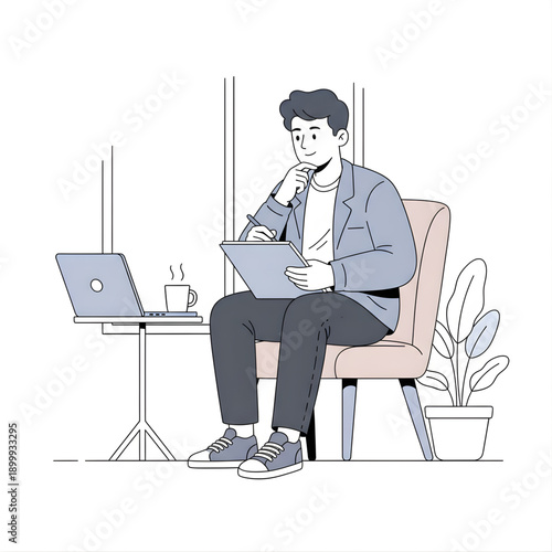 Startup founder brainstorming with notebook on lap, sneakers and jacket outfit, thoughtful pose, clean vector