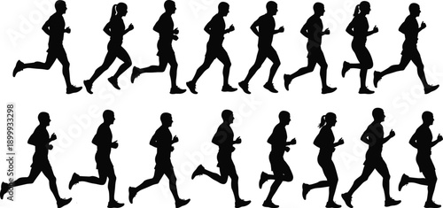 Running people silhouettes set with male and female joggers, fitness cardio workout figures isolated on white background