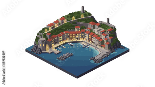 Isometric coastal village at night with illuminated buildings and marina