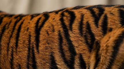 Close-up detail of tiger fur showing distinctive orange and black striped pattern texture for wildlife photography and nature design projects.