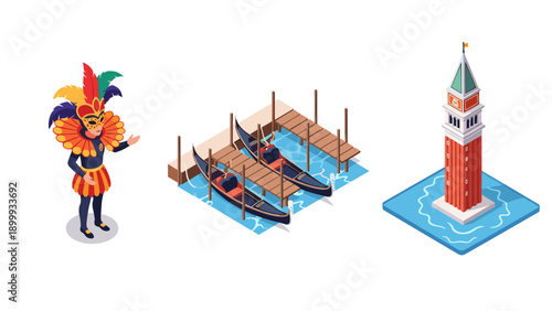 Isometric venice: carnival costume, gondolas, and st. mark's campanile