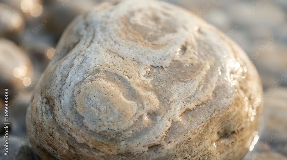 Obraz premium Weathered sedimentary rock with swirled patterns and natural erosion textures on pebble beach background for geology education and earth science concepts.