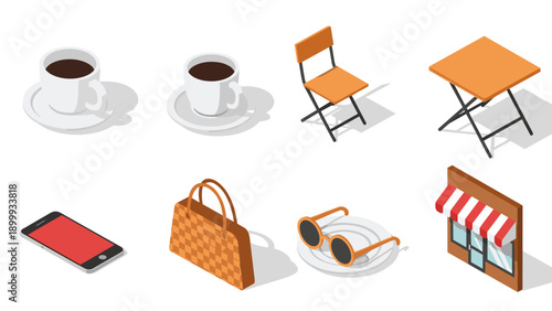 Isometric coffee shop essentials: cups, furniture, accessories, and devices