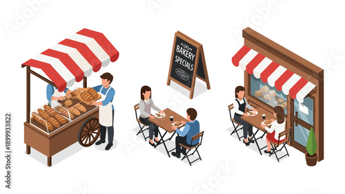 Charming outdoor cafe scene with bakery and dining elements in isometric style