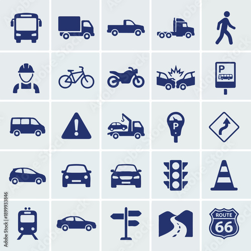 Set of blue transportation and traffic road safety icons
