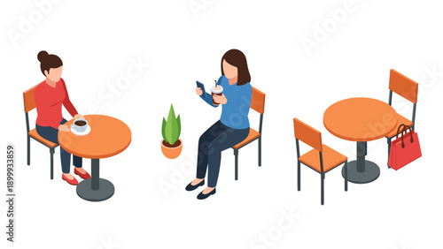 Isometric coffee shop scene with two women relaxing at tables