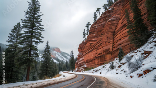 Winter Passage Snowy Road by Red Rock Cliffs