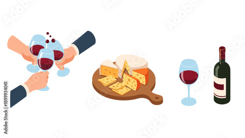 Isometric wine and cheese tasting scene with clinking glasses