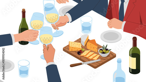 Elegant gathering with wine and cheese spread in isometric style