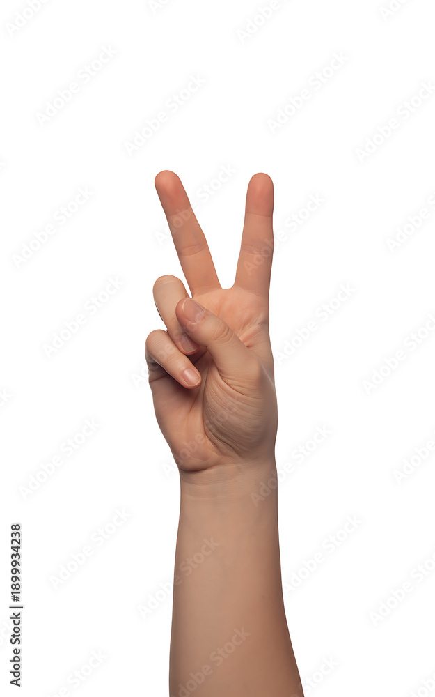 Naklejka premium A female hand performs the iconic peace sign, with fingers extended and thumb out, isolated against a pure white background for versatile use.