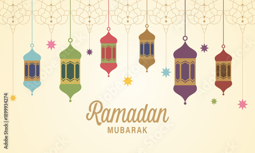 Ramadan Mubarak lanterns and stars hanging on beige background
