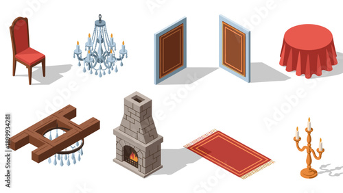 Elegant isometric interior elements with classic furniture and decor