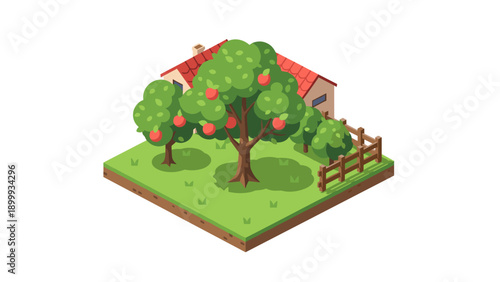 Isometric orchard scene with apple trees and cottage on grass