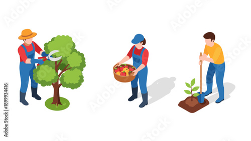 Isometric gardening scenes with people pruning trees, harvesting fruit, and planting