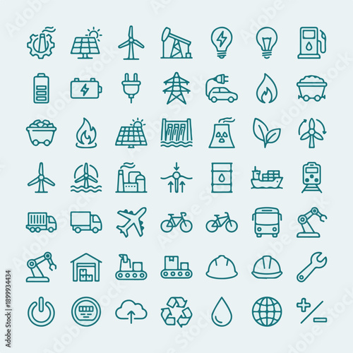 Renewable and fossil energy, industry, and transport line icons set