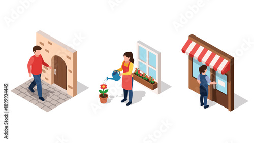 Isometric urban scenes: doorway walk, plant care, storefront cleaning