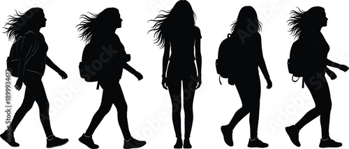 Walking woman silhouettes set with backpack, female traveler and student poses isolated on white background